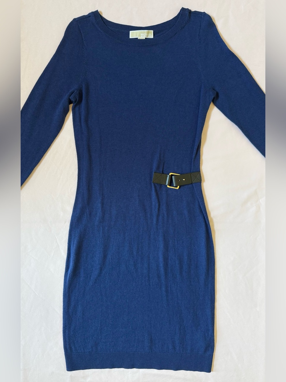 NWT Michael Kors Navy Long-Sleeve Sweater Dress with Side Buckle XXS